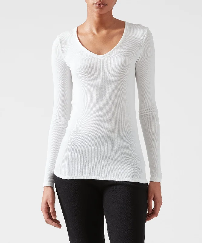 Modal Rib Long Sleeve V-Neck Tee - White