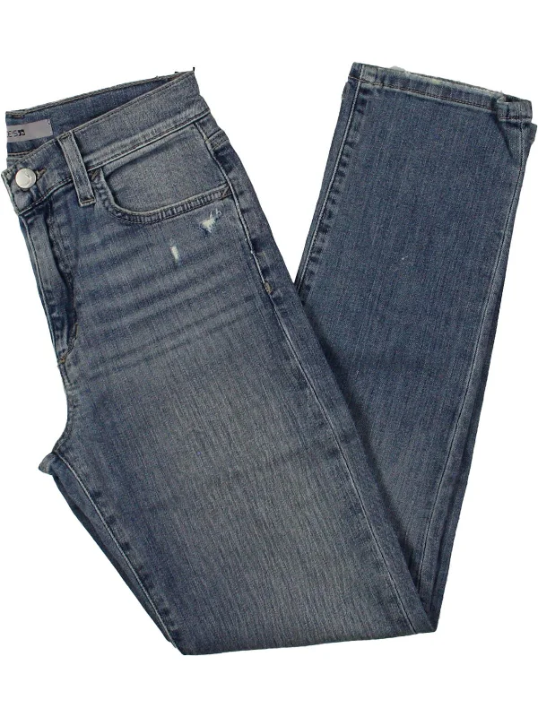 Womens High-Rise Distressed Straight Leg Jeans