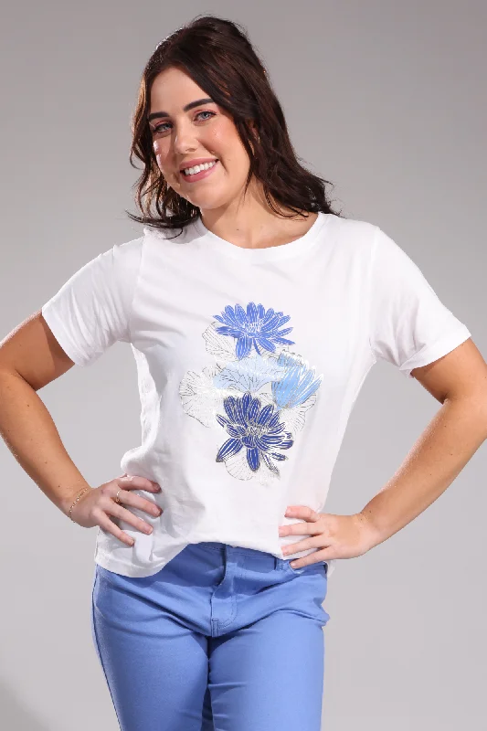 100% Cotton T Shirt | Blue Lillies on White | 3408A1