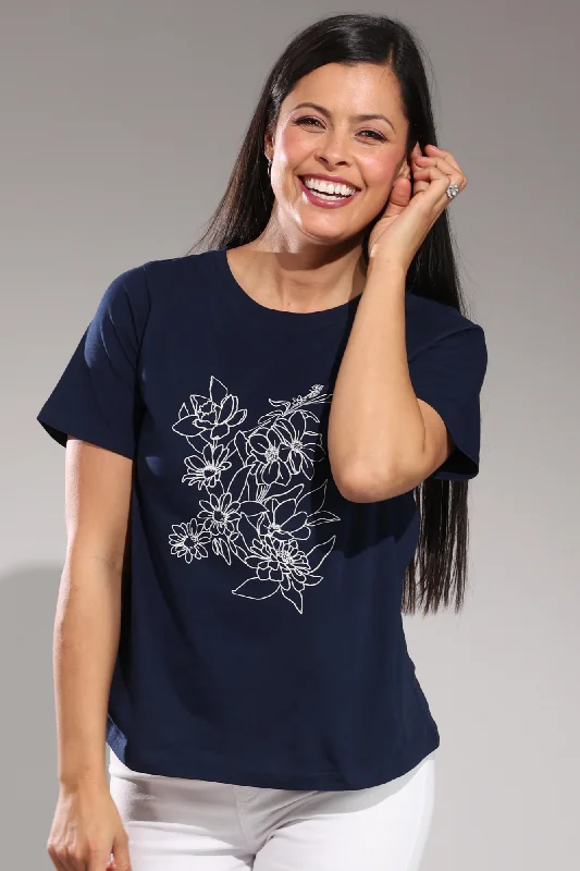 100% Cotton T Shirt | Ivory Flowers on Navy | 3404A1