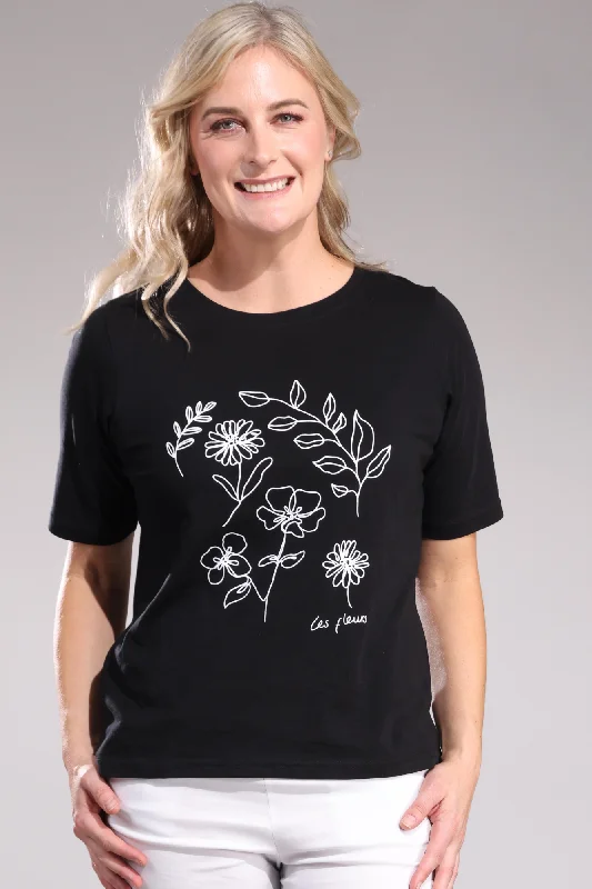 100% Cotton T Shirt | Les Fleurs on Black | 3402A1