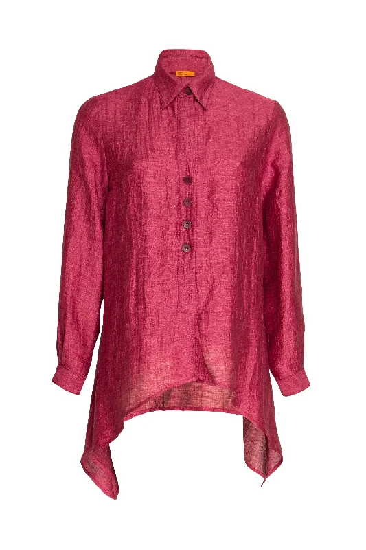 4 Button Uneven Hem Shirt - Raspberry Linen 9738