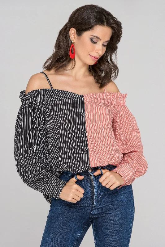 Black and Red Contrast Cold Shoulder Top