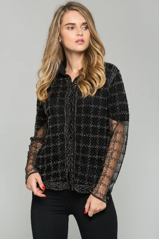 Black and Silver Embroidered Long Sleeved Top