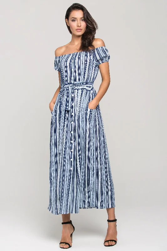 Blue Boho off the shoulder Shirt Midi Dress