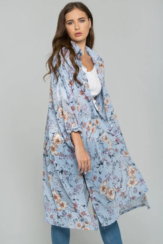 Blue Chiffon Floral Print Hijab Long Sleeved Shirt