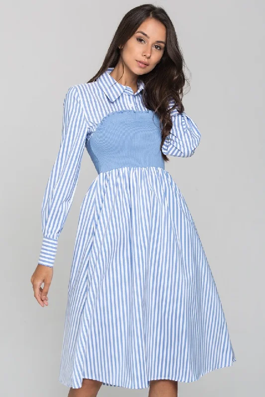 Blue Stripe Knit Panel Midi Shirt Dress