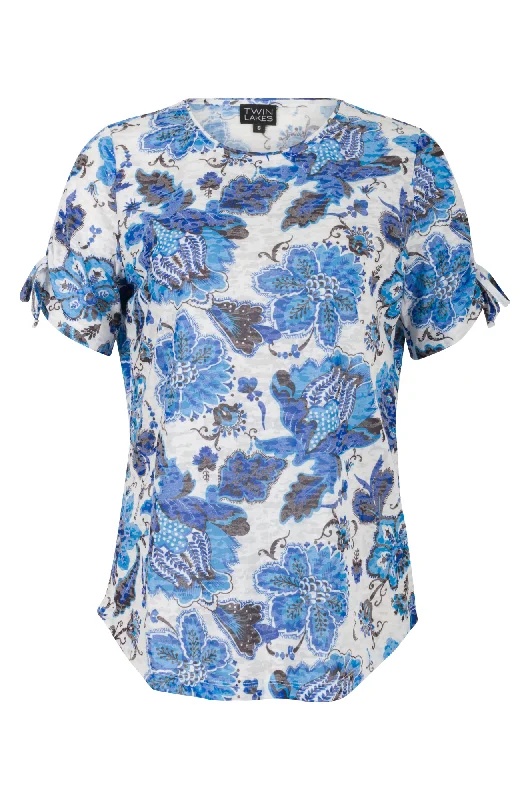 Bow detail Burnout Top | Blues Abst Flower | 6052AR