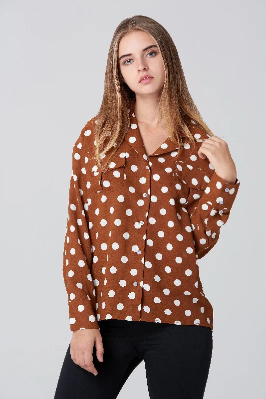 Brown and White Polka dot Long Sleeve Shirt