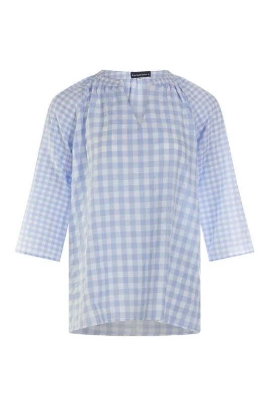 Gingham Tunic with nehru collar | SKY/WHITE | 4078AR