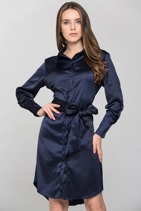 Blue Silk Tie Waist Shirt Midi Dress