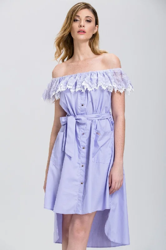 Lavender Lace Off the Shoulder Shirt Midi Dress