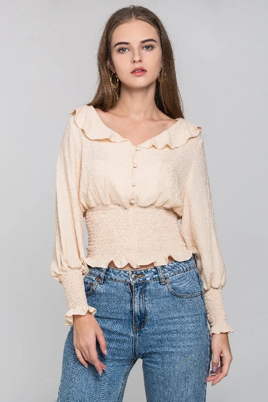 Beige Smocked Waist Ruffle Collar Blouson Top