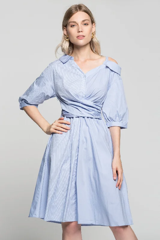 Powder Blue Pin Stripes Asymmetrical Sleeves Shirt Dress