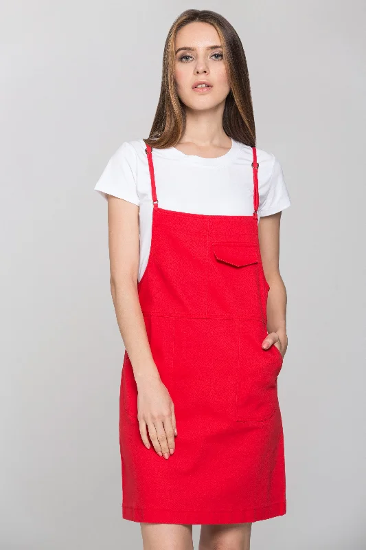 Red Denim White Shirt Pinafore Dress Set