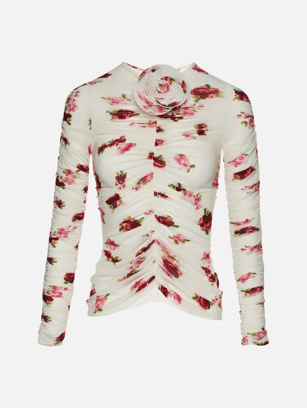 Sheer Ruched Rose Appliqué Top in Cream Print