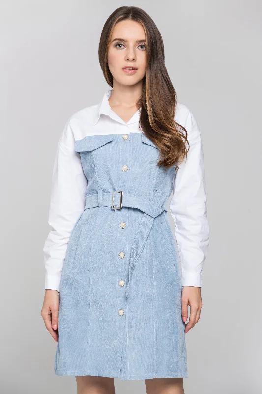 Slate Blue Chord and White Panel Belted Midi Shirt Dress