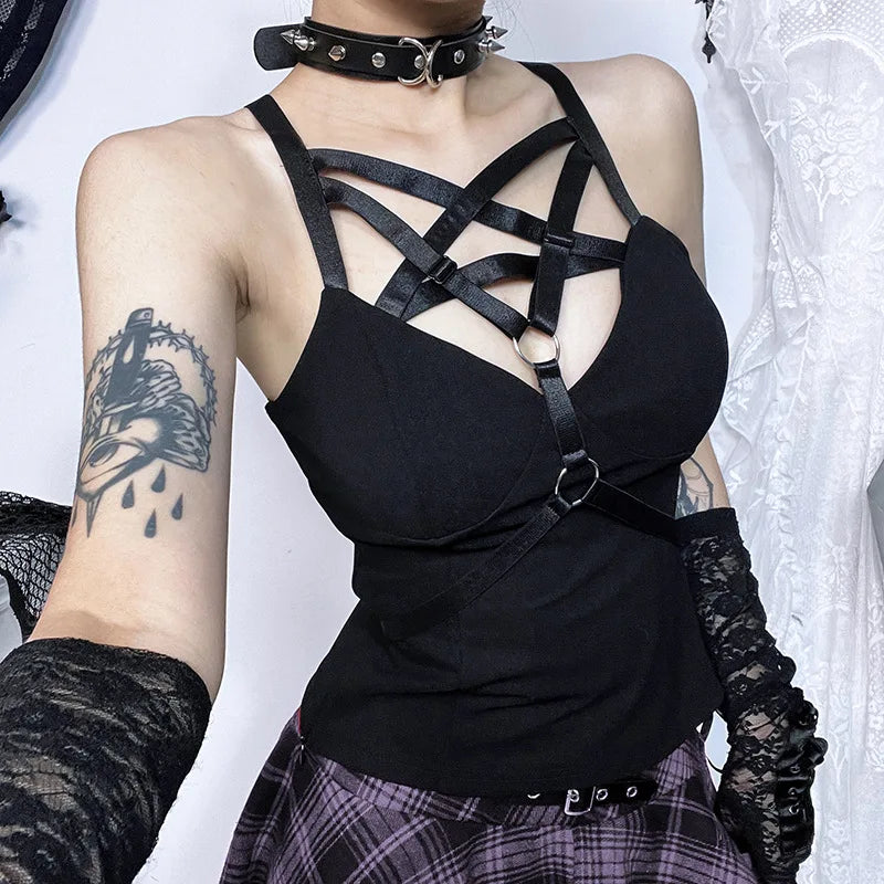 Spicy Girl Dark Style Elegant Pentagram Basic Strap Spring 2024 Women Crop Top