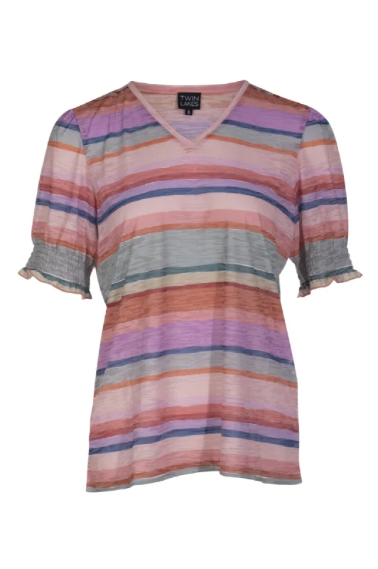 V neck Burnout Top | Sage Pink Stripe | 6065AR