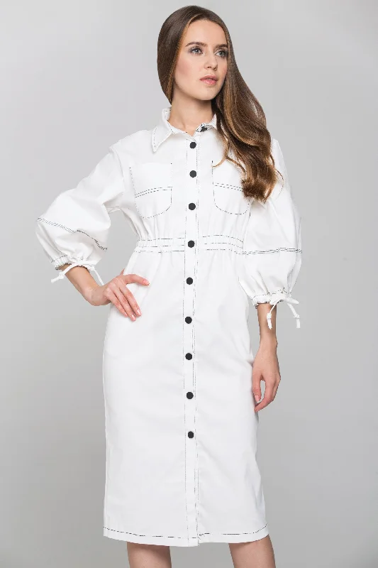 White and Black Contrast stitch Puff Sleeves Midi Shirt Dress