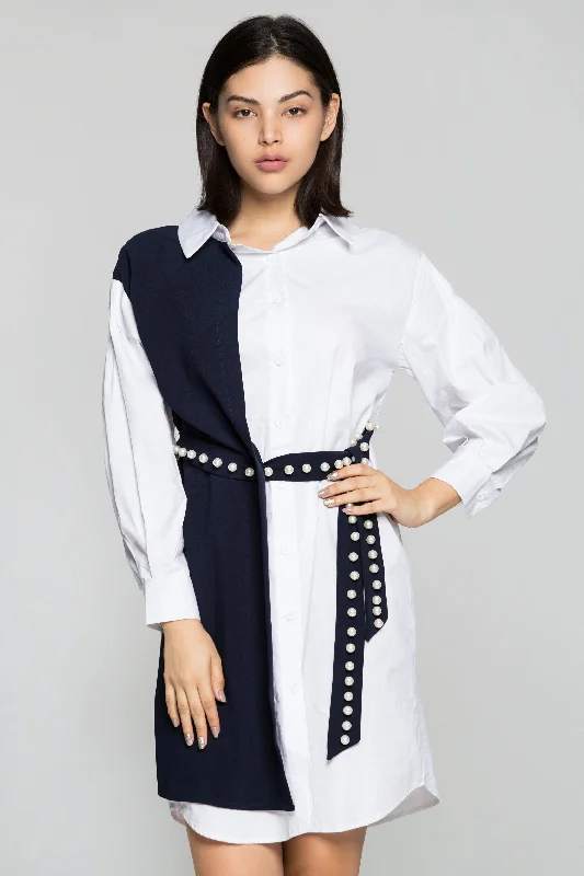 White and Navy Blue Full Sleeves Shirt Dress with Pearl Bow Belt