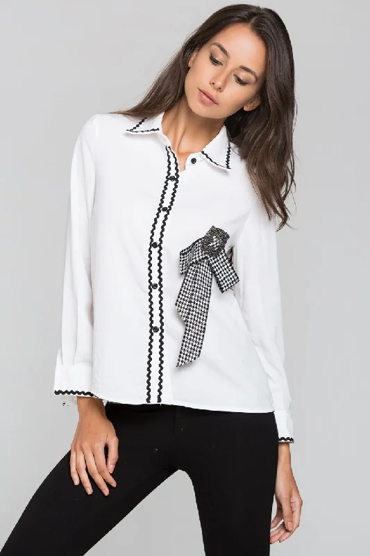 White Check Jewel Bow Long Sleeves Shirt