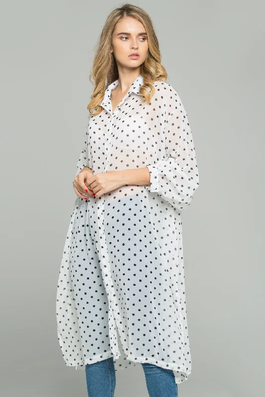 White Chiffon Polka Dot Print Hijab Long Sleeved Shirt