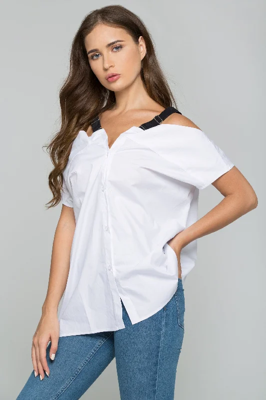 White Cold-Shoulder Belt Strap Button-down Shirt