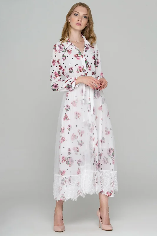 White Floral Dots Tulle Layer Maxi Shirt Dress