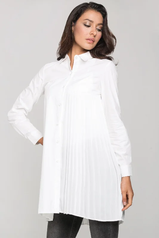 White Pleated Panel Shirt Dress