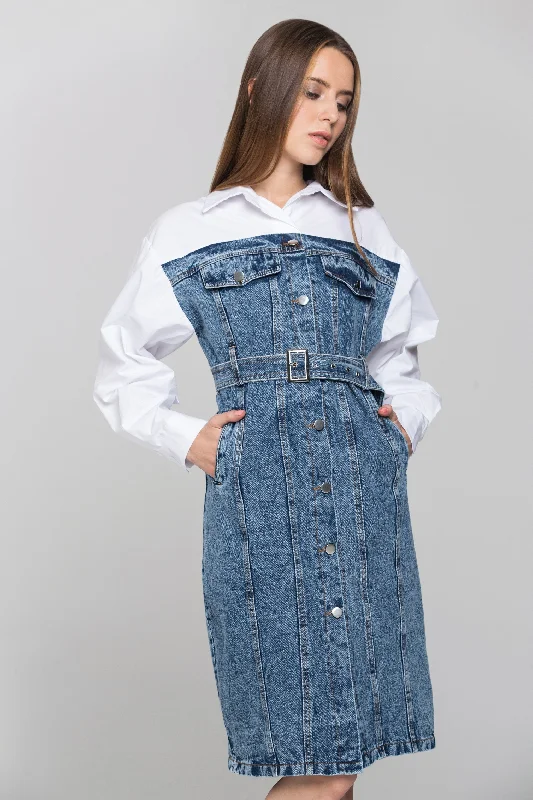 White Shirt Panel Button Up Denim Midi Dress