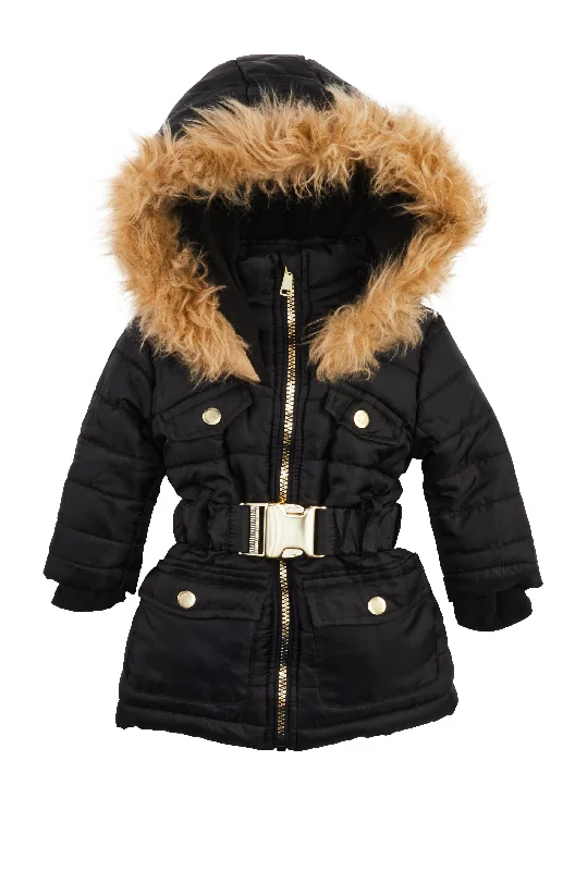 Baby Girls 12-24M Faux Fur Trim Belted Puffer Jacket