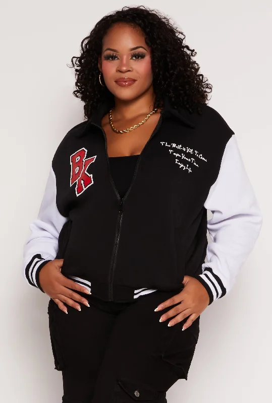 Plus Size BK Graphic Zip Front Letterman Jacket