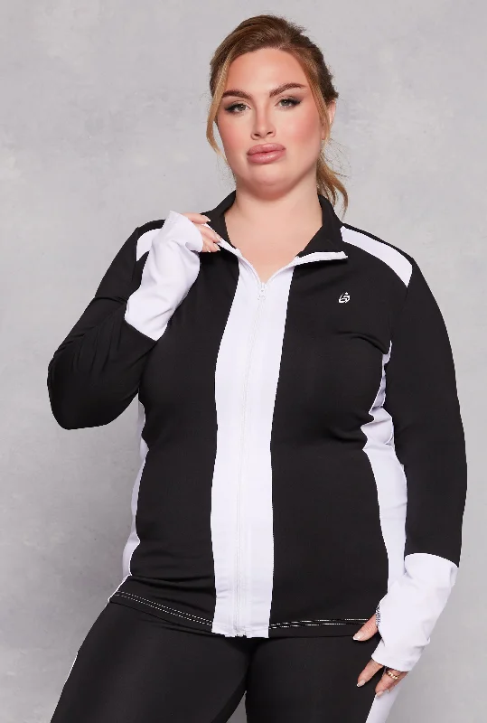 Plus Size Color Blocked Mock Neck Track Jacket