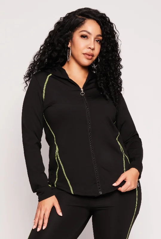 Plus Size Decorative Stitch Hooded Track Jacket