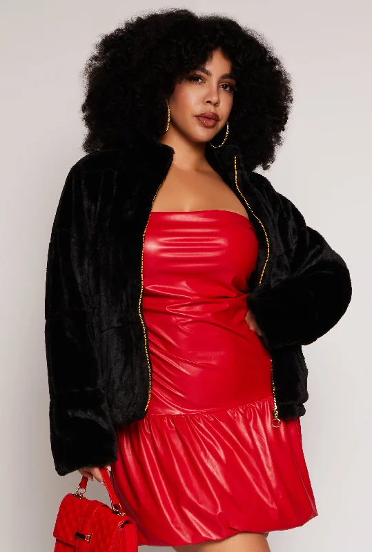 Plus Size Zip Front Faux Fur Jacket