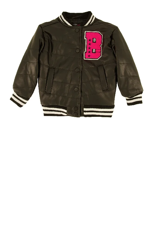 Toddler Girls B Initial Patch Faux Leather Varsity Jacket