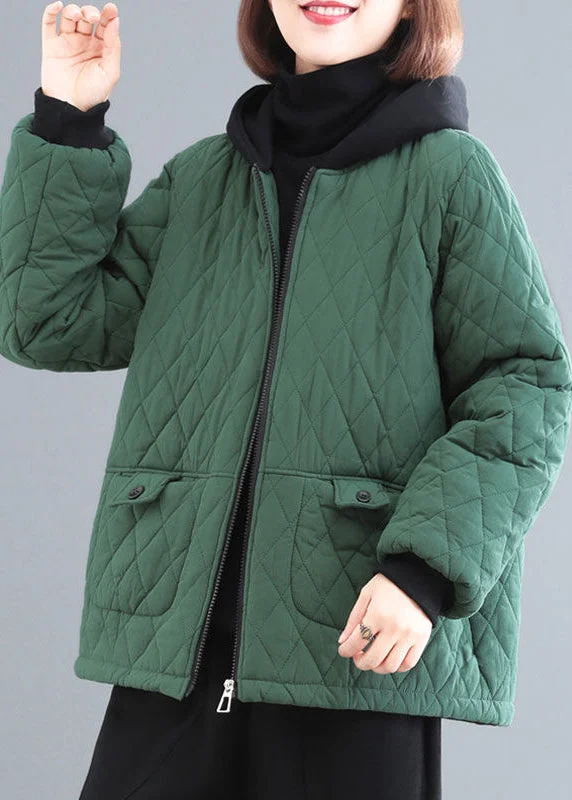 Blackish Green Patchwork Fine Cotton Filled Parka Hooded Pockets Winter