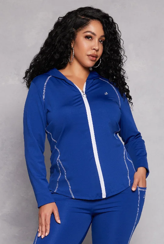 Plus Size Decorative Stitch Hooded Track Jacket