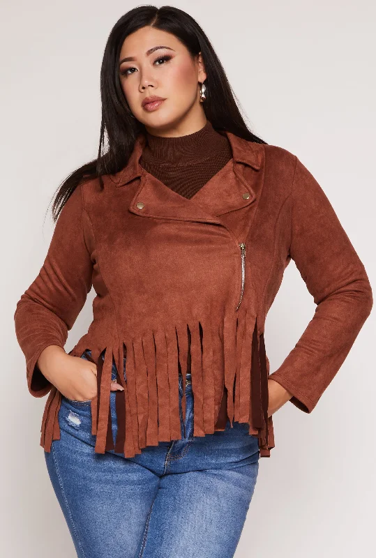 Plus Size Faux Suede Fringe Hem Moto Jacket