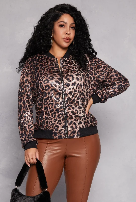 Plus Size Leopard Sequin Bomber Jacket