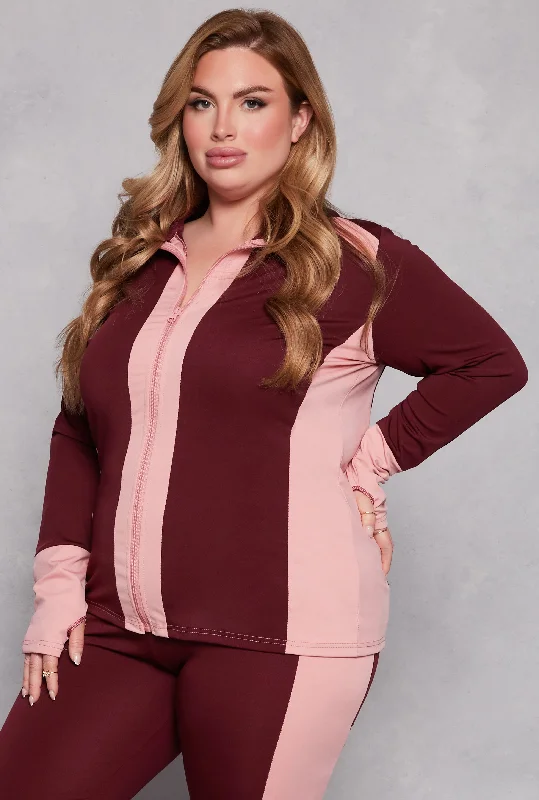 Plus Size Color Blocked Mock Neck Track Jacket