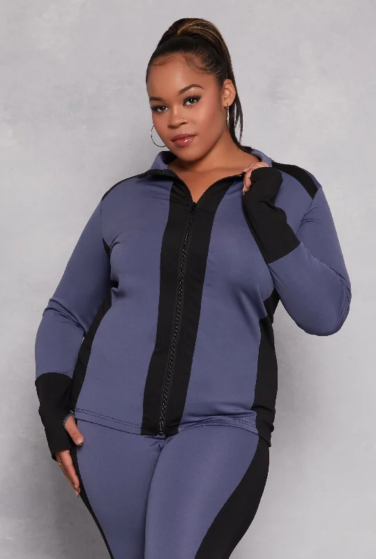 Plus Size Color Blocked Mock Neck Track Jacket