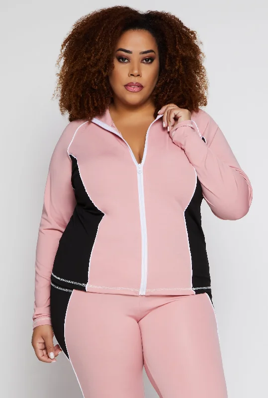 Plus Size Color Block Contrast Trim Track Jacket