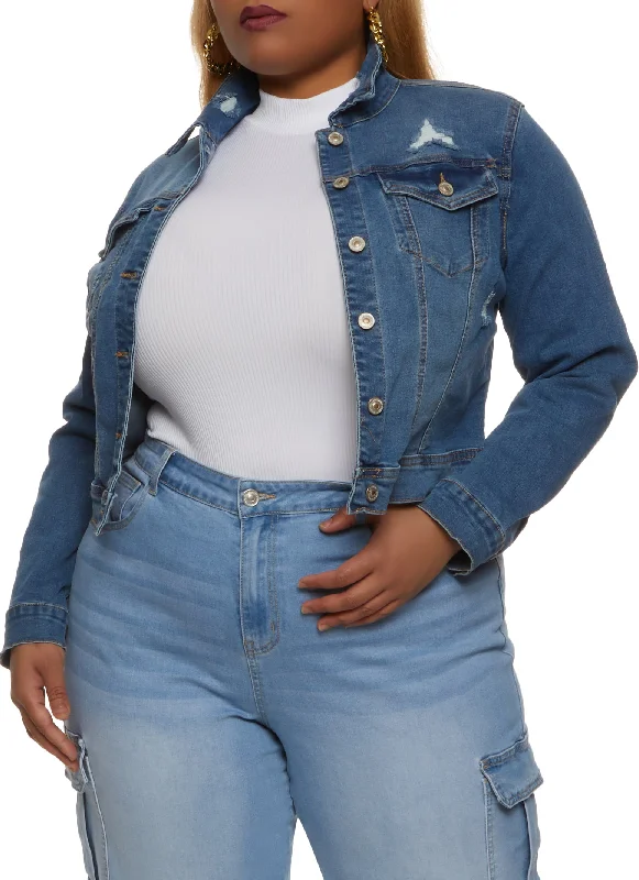 Plus Size WAX Distressed Cropped Jean Jacket