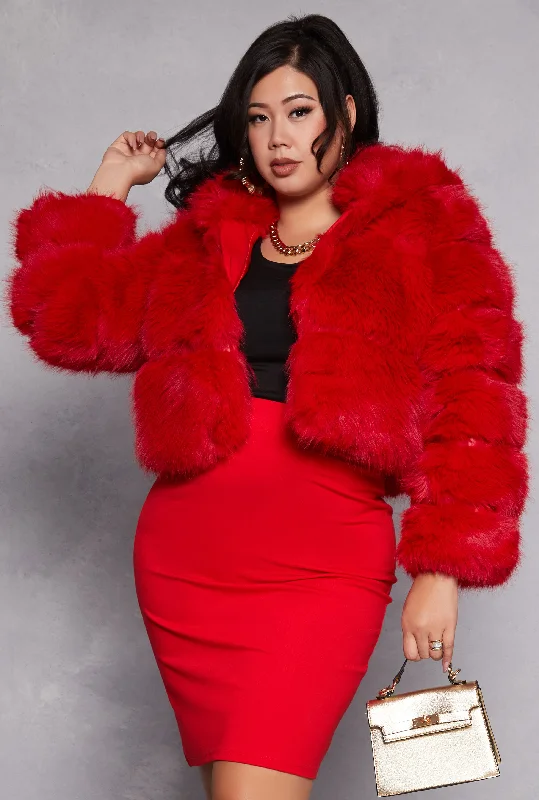 Plus Size Faux Fur Hooded Cropped Jacket