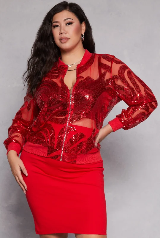 Plus Size Sequin Patterned Mesh Jacket