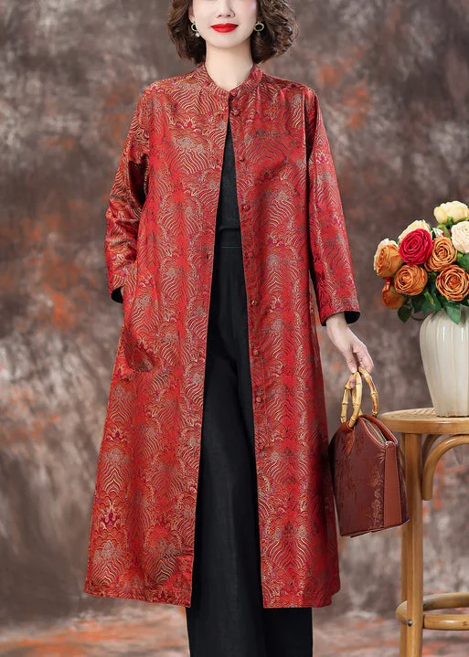 Red Stand Collar Button Silk Coats Spring