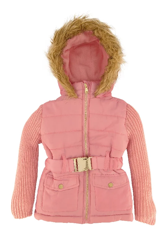 Toddler Girls Knitted Sleeve Belted Puffer Jacket