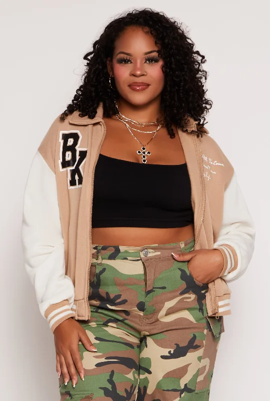 Plus Size BK Graphic Zip Front Letterman Jacket